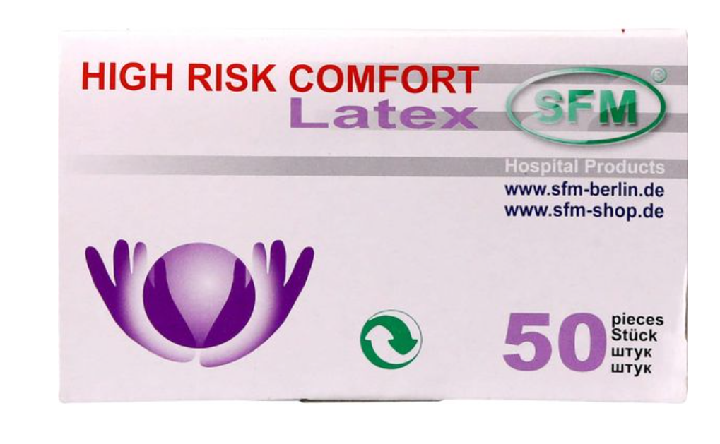 SFM Comfort High Risk Перчатки смотровые латексные текстурированные, S, перчатки неопудренные нестерильные, синего цвета, 50 шт.