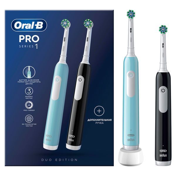 фото упаковки Oral-B набор Pro 1 CrossAction Щетки зубные электрические черная+голубая