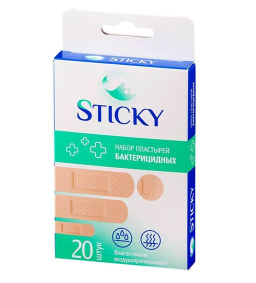Sticky Пластырь бактерицидный влагостойкий, р. 1,9х7,2 см, 2,2х7,5 см, 1,0х4,0 см, d-2,3 см., набор универсальный, 20 шт.