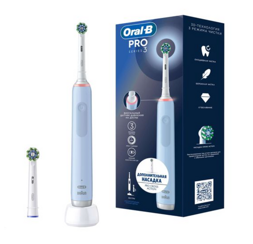 Oral-B набор Щетка зубная электрическая Pro 3 тип 3772, голубого цвета, набор, с зарядкой 3757+Насадка сменная Pro CrossAction, 1 шт.